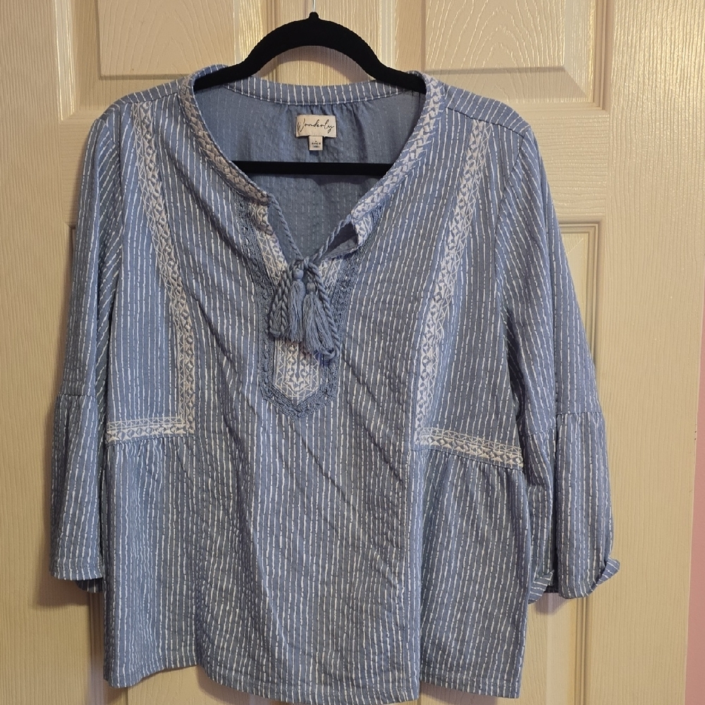 Wonderly Blue Blouse with‎ White Details